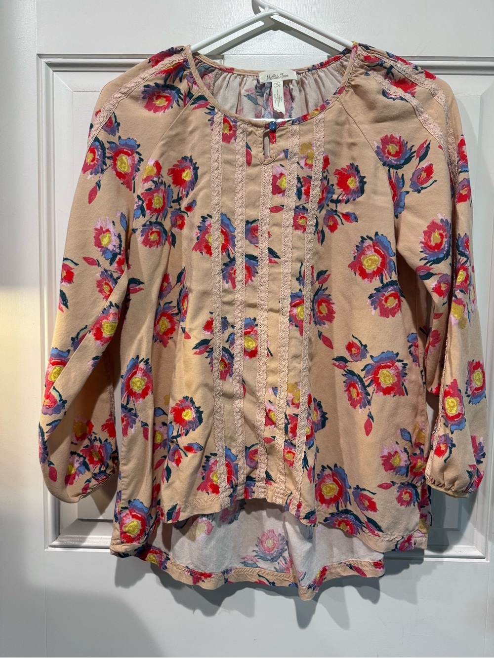 Matilda Jane Floral Tan Blouse with Pink and Blue Accents